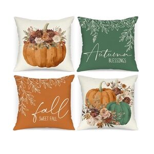 Set of 4 Fall 16x16 Pillow Covers Watercolor Rose Pumpkin Autumn Decor